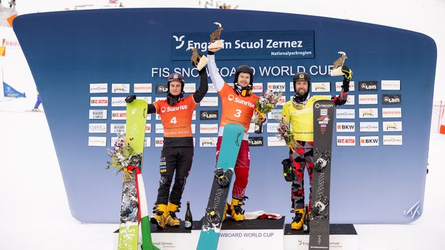 The men's podium in Scuol including first-time World Cup winner Oskar Kwiatkowski (POL) © Dominik Täuber