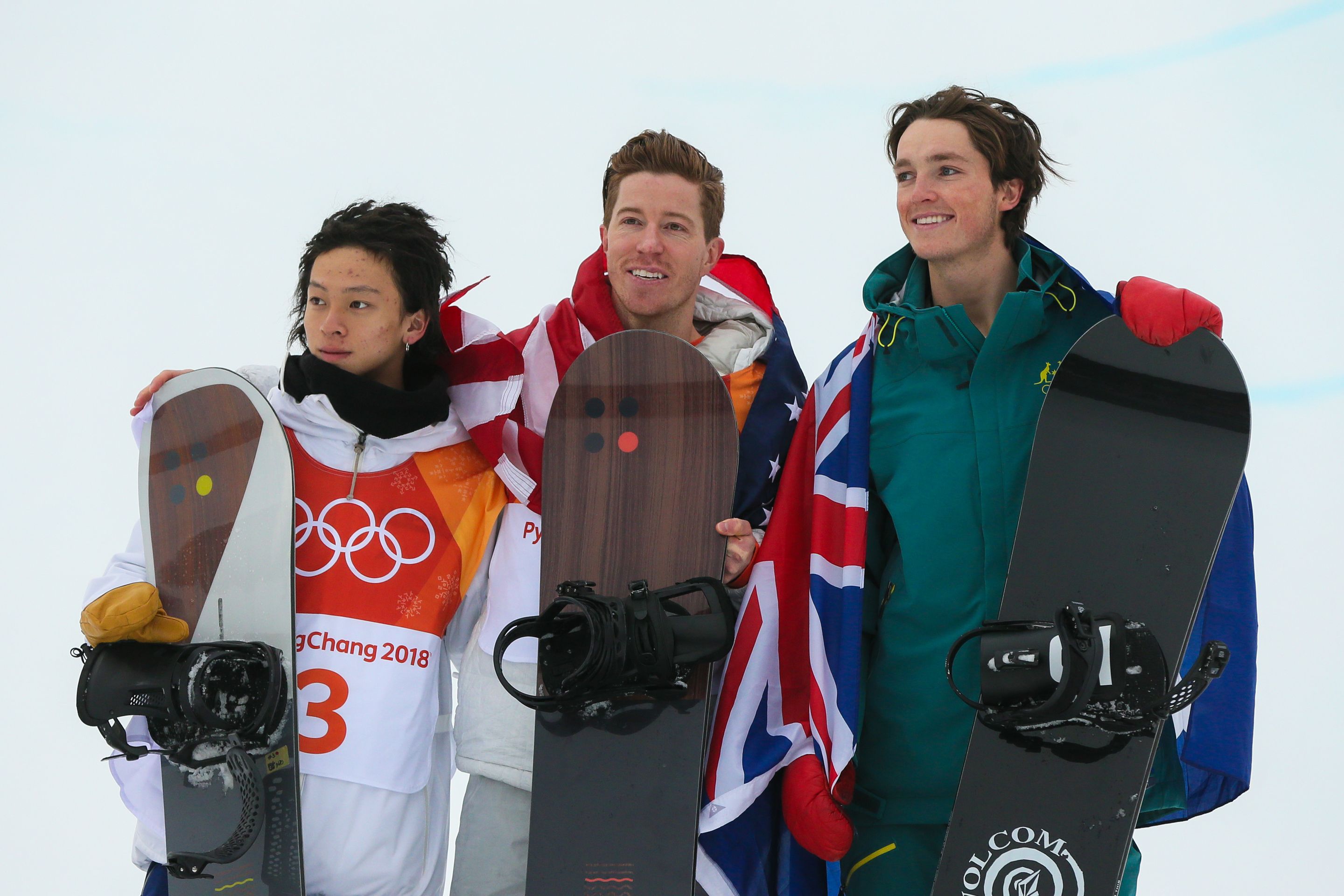 PYEONGCHANG-GUN, SOUTH KOREA - FEBRUARY 14: Shaun White of USA takes 1st place, Ayumu Hirano of Japan takes 2nd place, Scotty James of Australia takes 3rd place during the Snowboarding Men's Halfpipe Finals at Pheonix Snow Park on February 14, 2018 in Pyeongchang-gun, South Korea. (Photo by Laurent Salino/Agence Zoom)