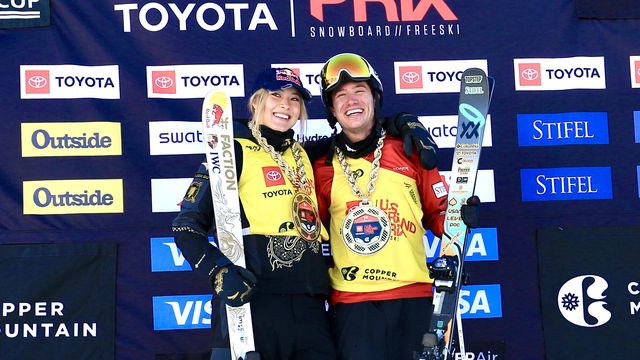 Halfpipe winners Eileen Gu (CHN) and Alex Ferreira (USA) celebrate in Copper Mountain, USA. ©Buchholz / @fisparkandpipe