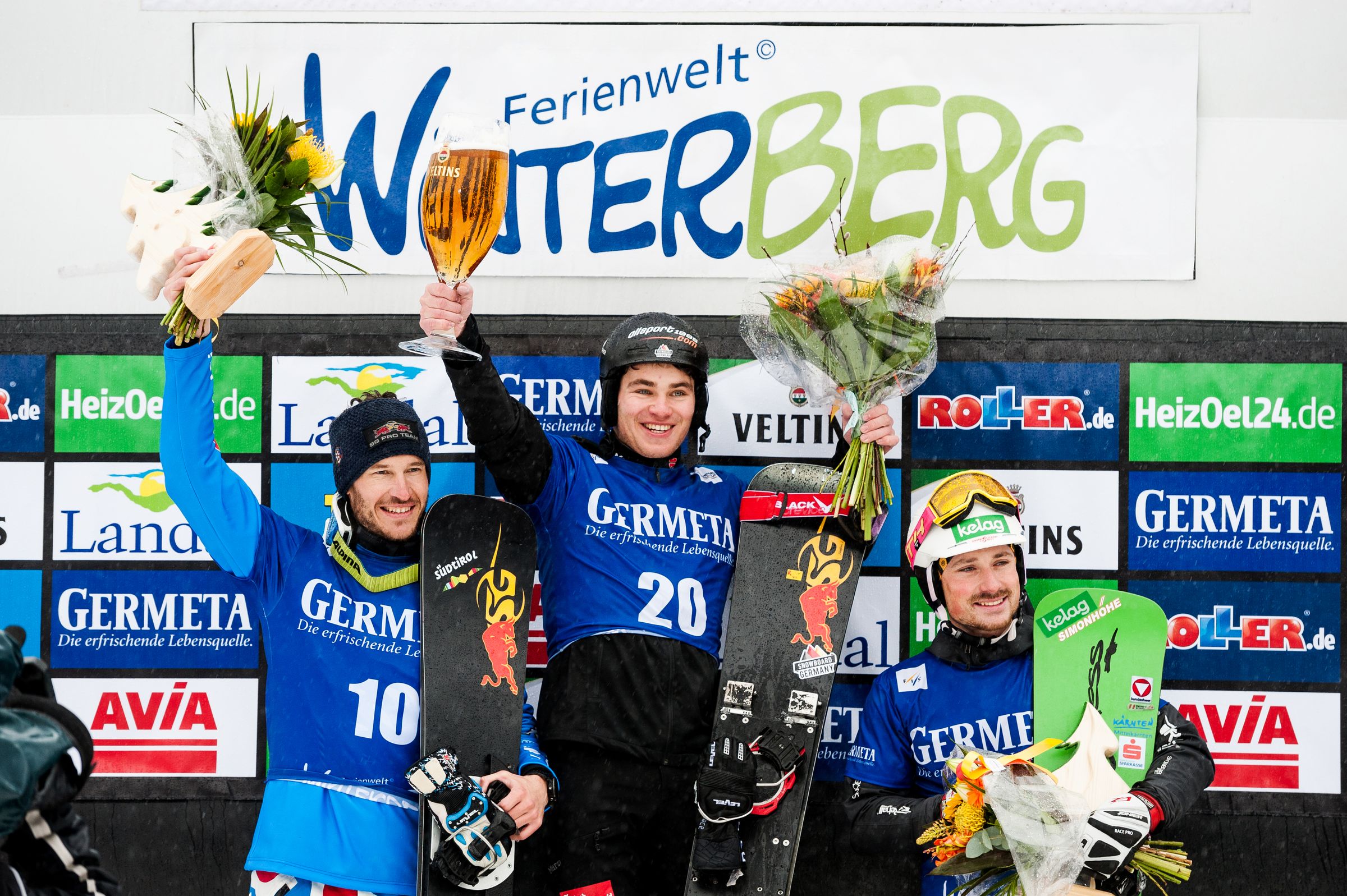FIS Snowboard World Cup - Winterberg GER - PSL - Men's podium with 2nd MARCH Aaron ITA, 1st BAUMEISTER Stefan GER and 3rd PAYER Alexander AUT © Miha Matavz/FIS