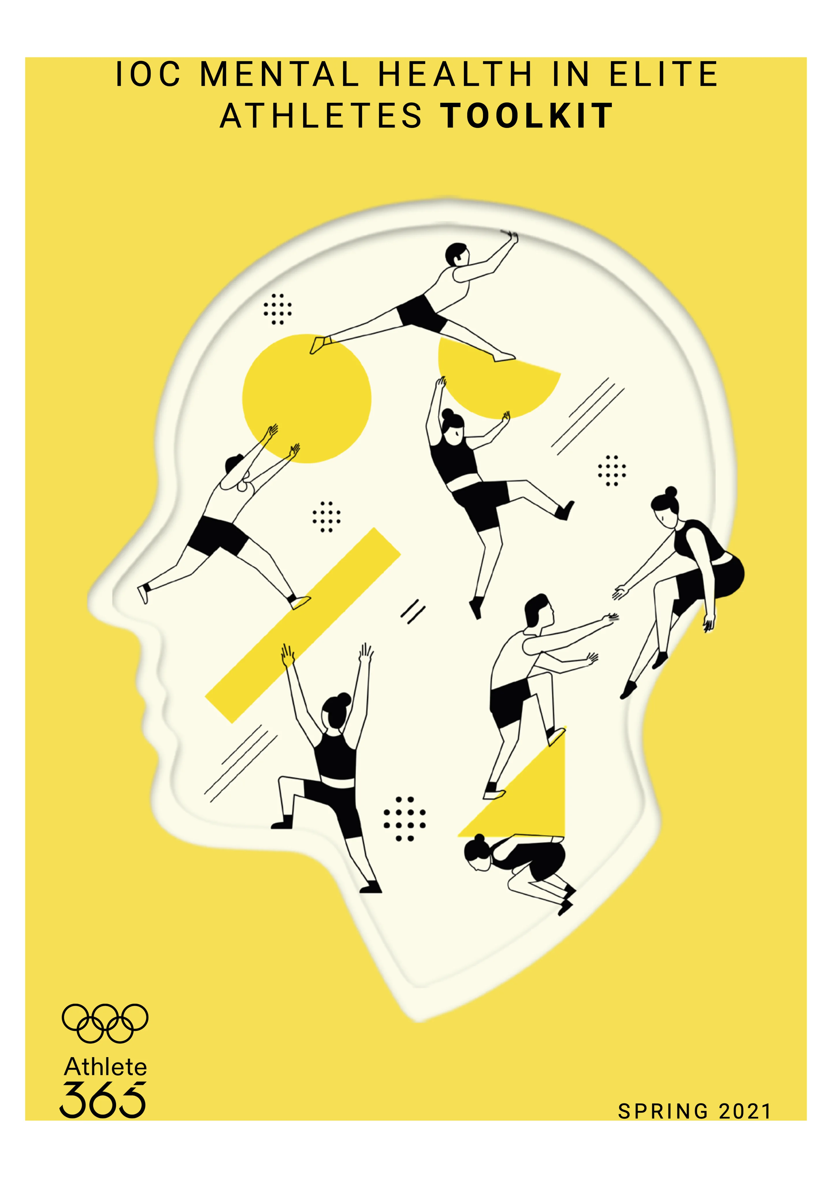 Illustration of athletes in various sports within a head silhouette, with text: "IOC Mental Health in Elite Athletes Toolkit, Spring 2021."