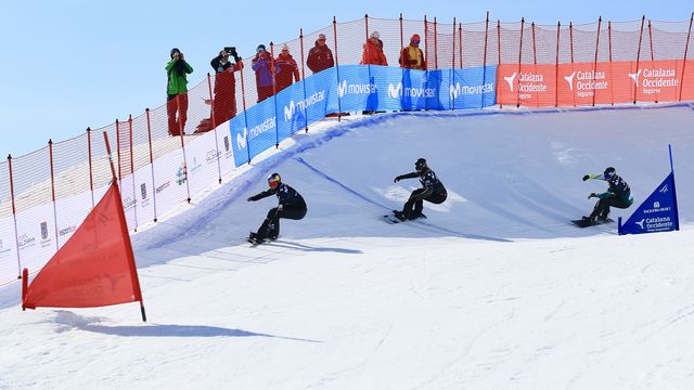 Alex Pullin (AUS), Hagen Kearney (USA), and Adam Dickson (AUS) in training at Baqueira Beret