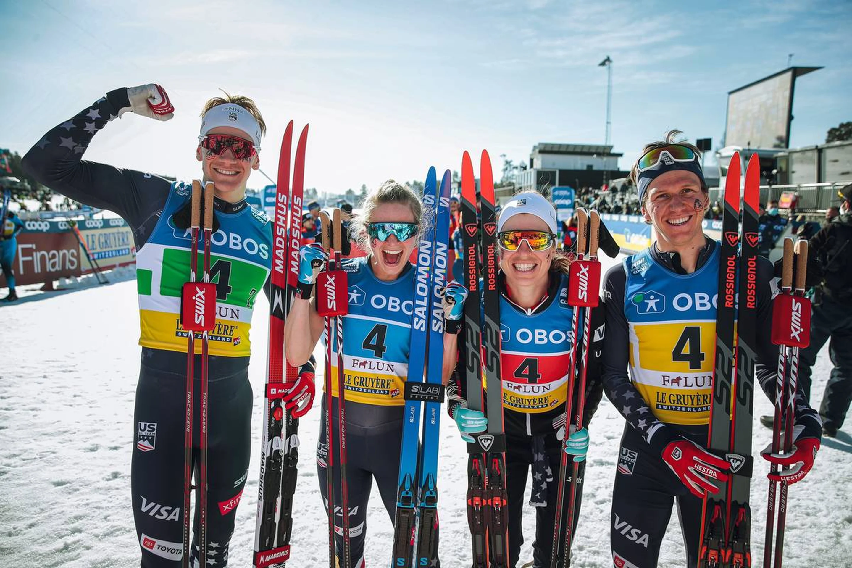13.03.2022, Falun, Sweden (SWE):Zak Ketterson (USA), Jessie Diggins (USA), Rosie Brennan (USA), Scott Patterson (USA), (l-r)  - FIS world cup cross-country, mixed relay, Falun (SWE). www.nordicfocus.com. © Modica/NordicFocus. Every downloaded picture is fee-liable.