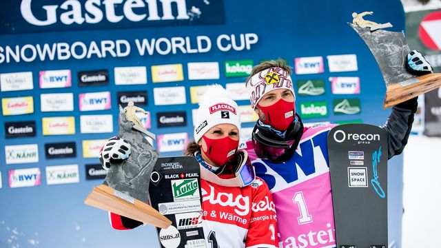 Claudia Riegler and Andreas Prommegger of Team Austria at the FIS Snowboard Parallel Slalom Mixed Team World Cup event in Bad Gastein (AUT). Photo: Chad Buchholz (FIS)
