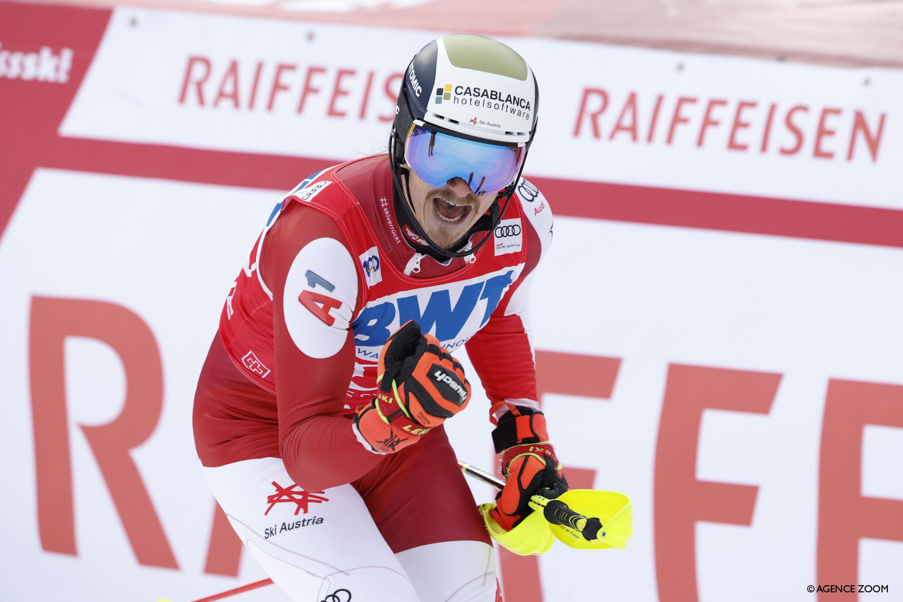 Manuel Feller (AUT) celebrates after winning the Wengen slalom (Agence Zoom)