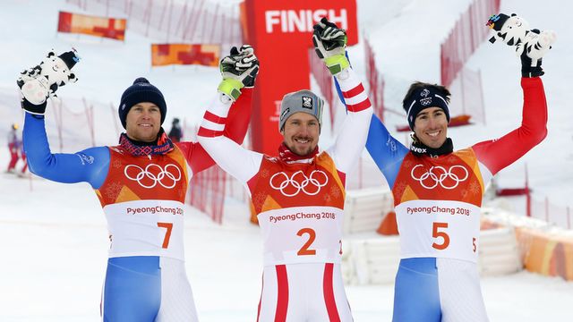 PYEONGCHANG-GUN, SOUTH KOREA - FEBRUARY 13: Marcel Hirscher of Austria wins the gold medal, Alexis Pinturault of France wins the silver medal, Victor Muffat-jeandet of France wins the bronze medal during the Alpine Skiing Men's Combined at Jeongseon Alpine Centre on February 13, 2018 in Pyeongchang-gun, South Korea. (Photo by Christophe Pallot/Agence Zoom)