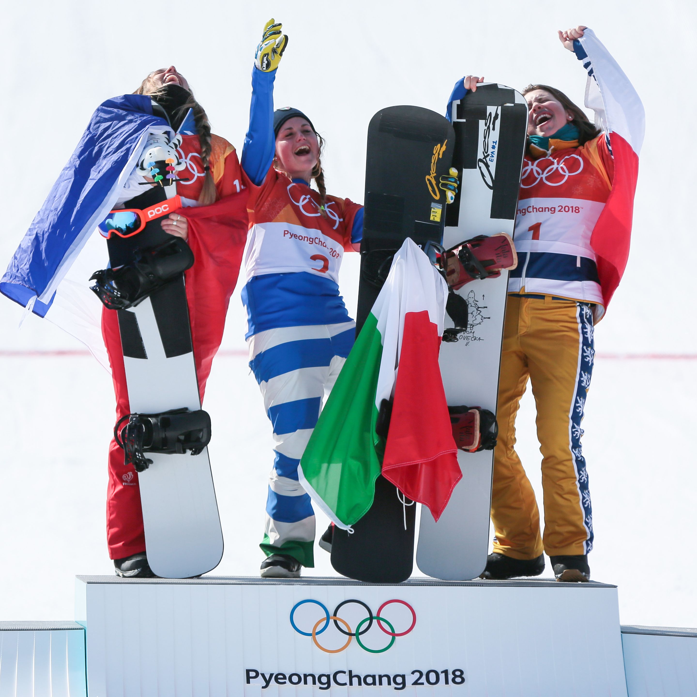 PYEONGCHANG-GUN, SOUTH KOREA - FEBRUARY 16: Michela Moioli of Italy takes 1st place, Julia Pereira De Sousa Mabileau of France takes 2nd place, Eva Samkova of Czech Republic takes 3rd place during the Snowboarding Women's Snowboard Cross Finals at Pheonix Snow Park on February 16, 2018 in Pyeongchang-gun, South Korea. (Photo by Laurent Salino/Agence Zoom)