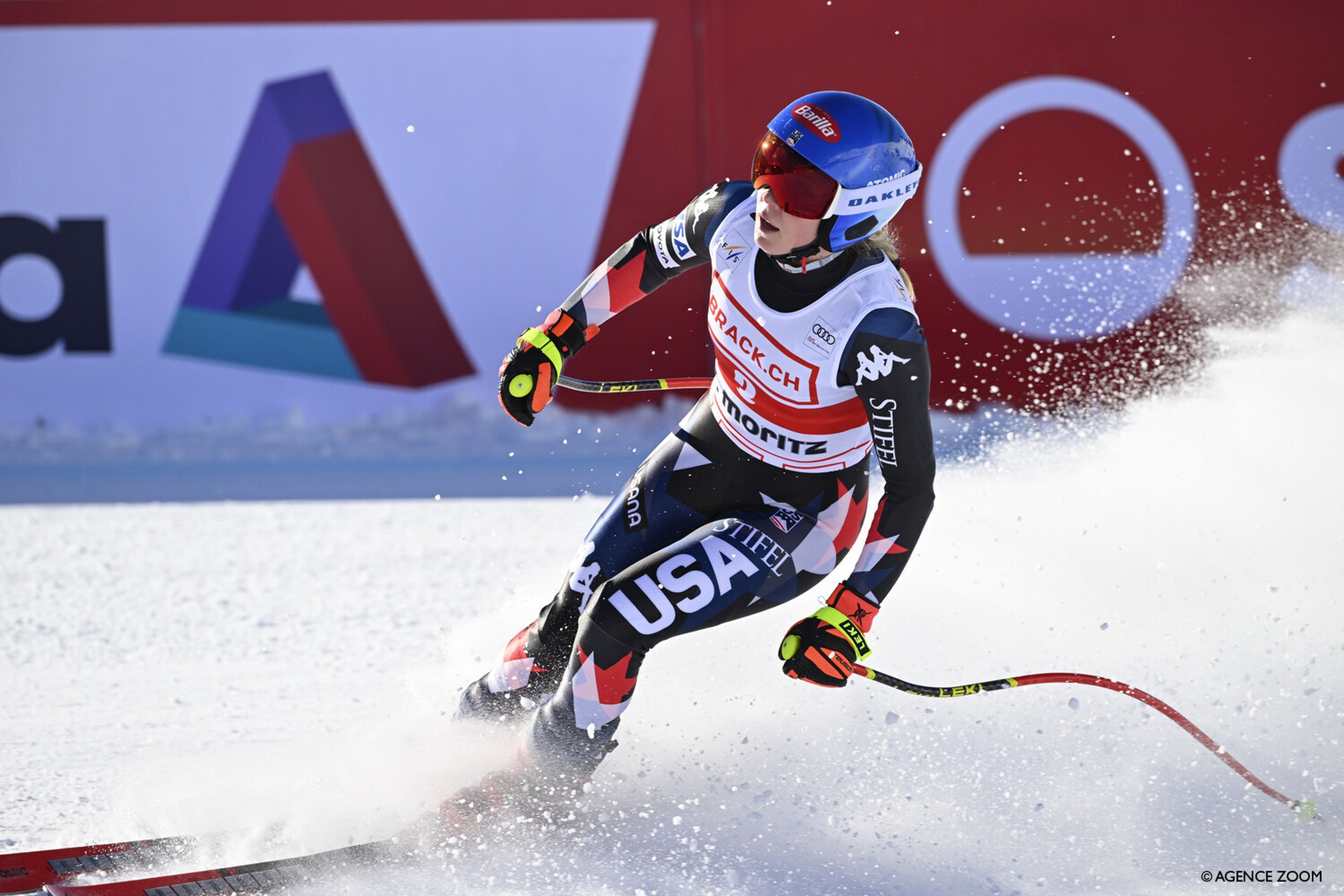 Mikaela Shiffrin (USA) in the finish area after taking the lead on Saturday (Agence Zoom)