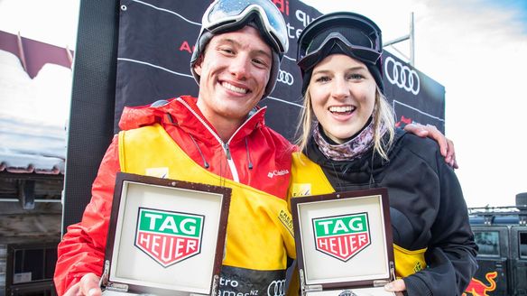 Cassie Sharpe and Alex Ferreira on top of the halfpipe World Cup podium in Cardrona