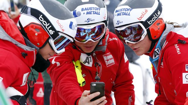 LAKE LOUISE, AB - DECEMBER 02: Nicole Schmidhofer of Austria Waiting for the chairlift, Stephanie Venier of Austria Waiting for the chairlift, Ramona Siebenhofer of Austria Waiting for the chairlift during the Audi FIS Alpine Ski World Cup Women's Downhill on December 2, 2017 in Lake Louise, Canada. (Photo by Christophe Pallot/Agence Zoom)