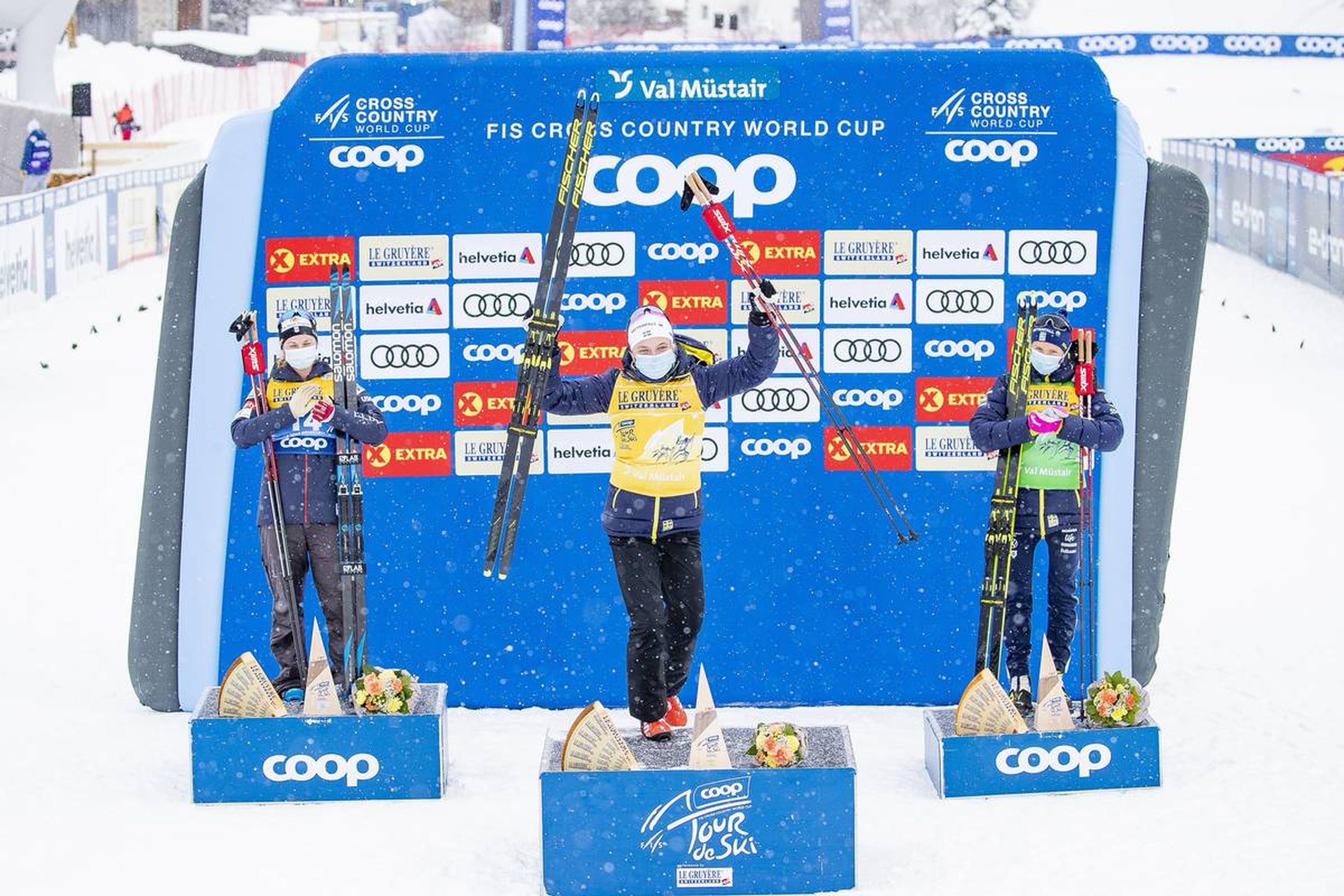 01.01.2021 Val Mustair, Switzerland (SUI):
Jessie Diggins (USA), Linn Svahn (SWE), Frida Karlsson (SWE), (l-r)  - FIS world cup cross-country, tour de ski, individual sprint, Val Mustair (SUI). www.nordicfocus.com. © Modica/NordicFocus. Every downloaded picture is fee-liable.