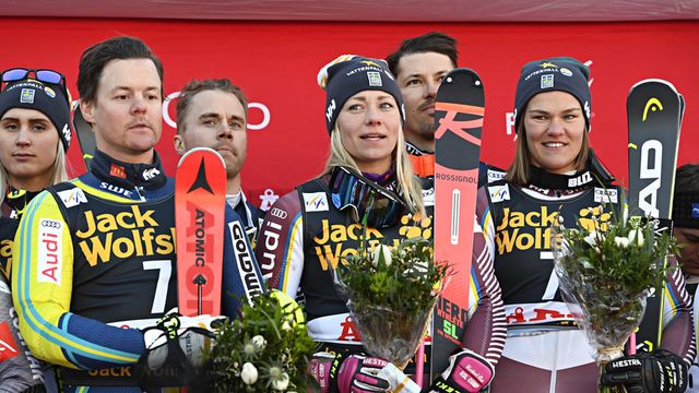 ARE, SWEDEN - MARCH 16: Frida Hansdotter of Sweden, Anna Swenn-larsson of Sweden, Mattias Hargin of Sweden, Andre Myhrer of Sweden takes 1st place during the Audi FIS Alpine Ski World Cup Finals Men's and Women's Team Event on March 16, 2018 in Are, Sweden. (Photo by Alain Grosclaude/Agence Zoom)