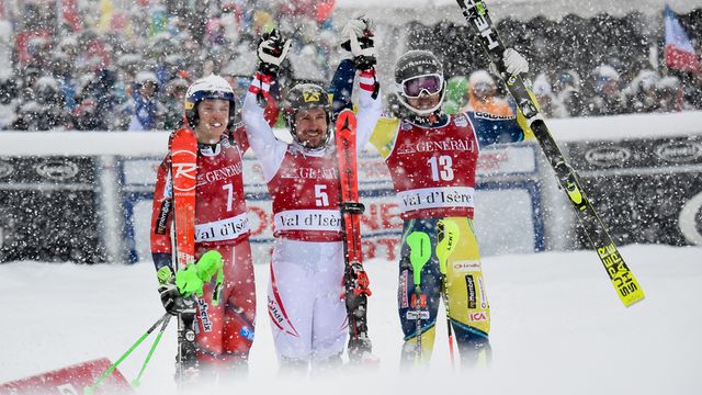 VAL-D'ISERE, FRANCE - DECEMBER 10: Henrik Kristoffersen of Norway takes 2nd place, Marcel Hirscher of Austria takes 1st place, Andre Myhrer of Sweden takes 3rd place during the Audi FIS Alpine Ski World Cup Men's Slalom on December 10, 2017 in Val-d'Isere, France. (Photo by Michel Cottin/Agence Zoom)