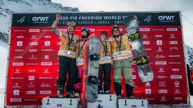 Marcus Goguen (CAN), Justine Dufour-Lapointe (CAN), Noémie Equy (FRA) and Victor de Le Rue (FRA) - FIS Freeride World Tour 2025 Champions @LLoye