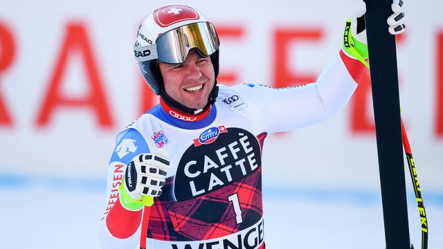 WENGEN, SWITZERLAND - JANUARY 13: Beat Feuz of Switzerland takes 1st place during the Audi FIS Alpine Ski World Cup Men's Downhill on January 13, 2018 in Wengen, Switzerland. (Photo by Alain Grosclaude/Agence Zoom)