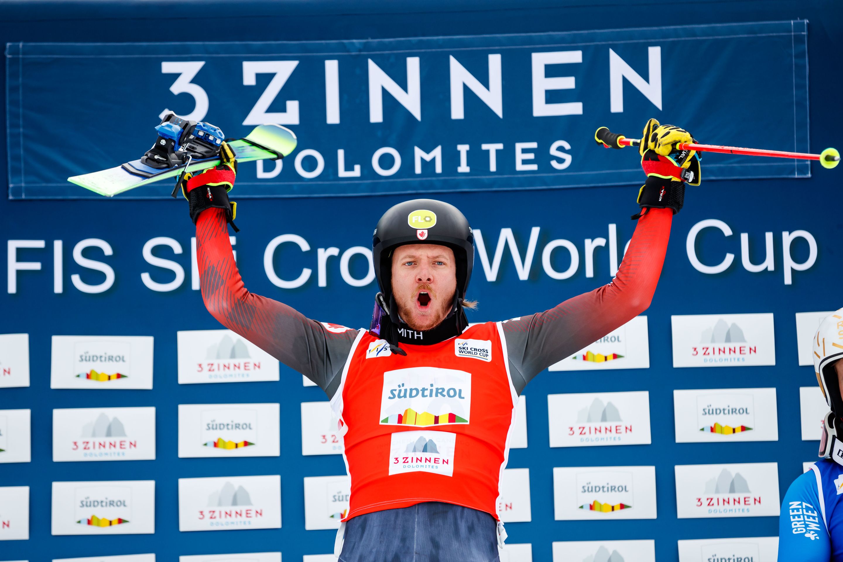 Jared Schmidt celebrates on the Innichen podium