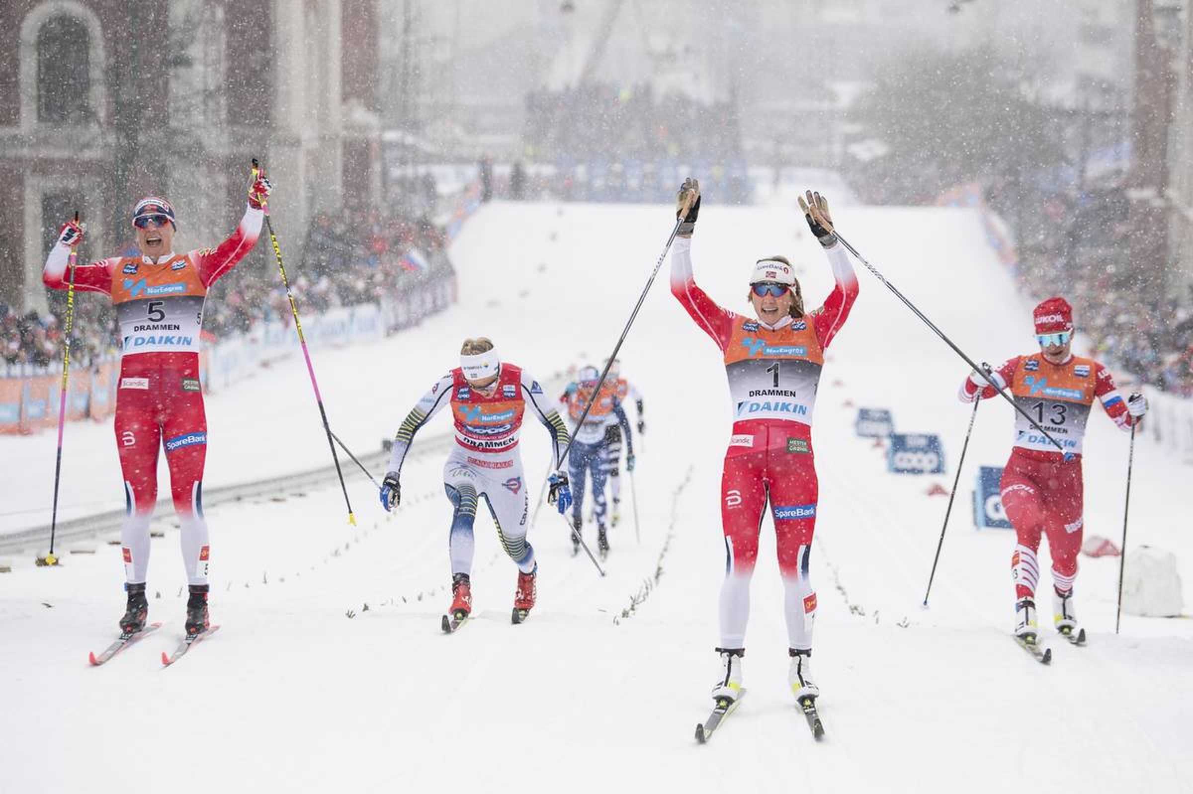12.03.2019, Drammen, Norway (NOR):
Astrid Uhrenholdt Jacobsen (NOR), Stina Nilsson (SWE), Maiken Caspersen Falla (NOR), Natalia Nepryaeva (RUS), (l-r)  - FIS world cup cross-country, individual sprint, Drammen (NOR). www.nordicfocus.com. © Lyngstad/NordicFocus. Every downloaded picture is fee-liable.