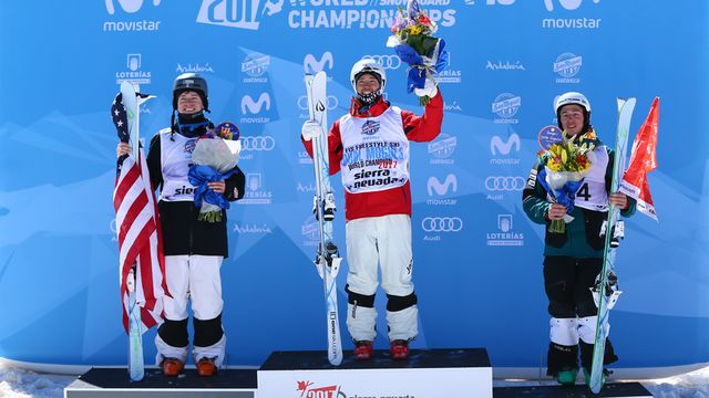 SIERRA NEVADA, SPAIN Ð MARCH 09: Ikuma Horishima of Japan wins the gold medal, Bradley Wilson of USA wins the silver medal, Marco Tade of Switzerland wins the bronze medal during the FIS Freestyle Ski & Snowboard World Championships Dual Moguls on March 09, 2017 in Sierra Nevada, Spain (Photo by Laurent Salino/Agence Zoom)