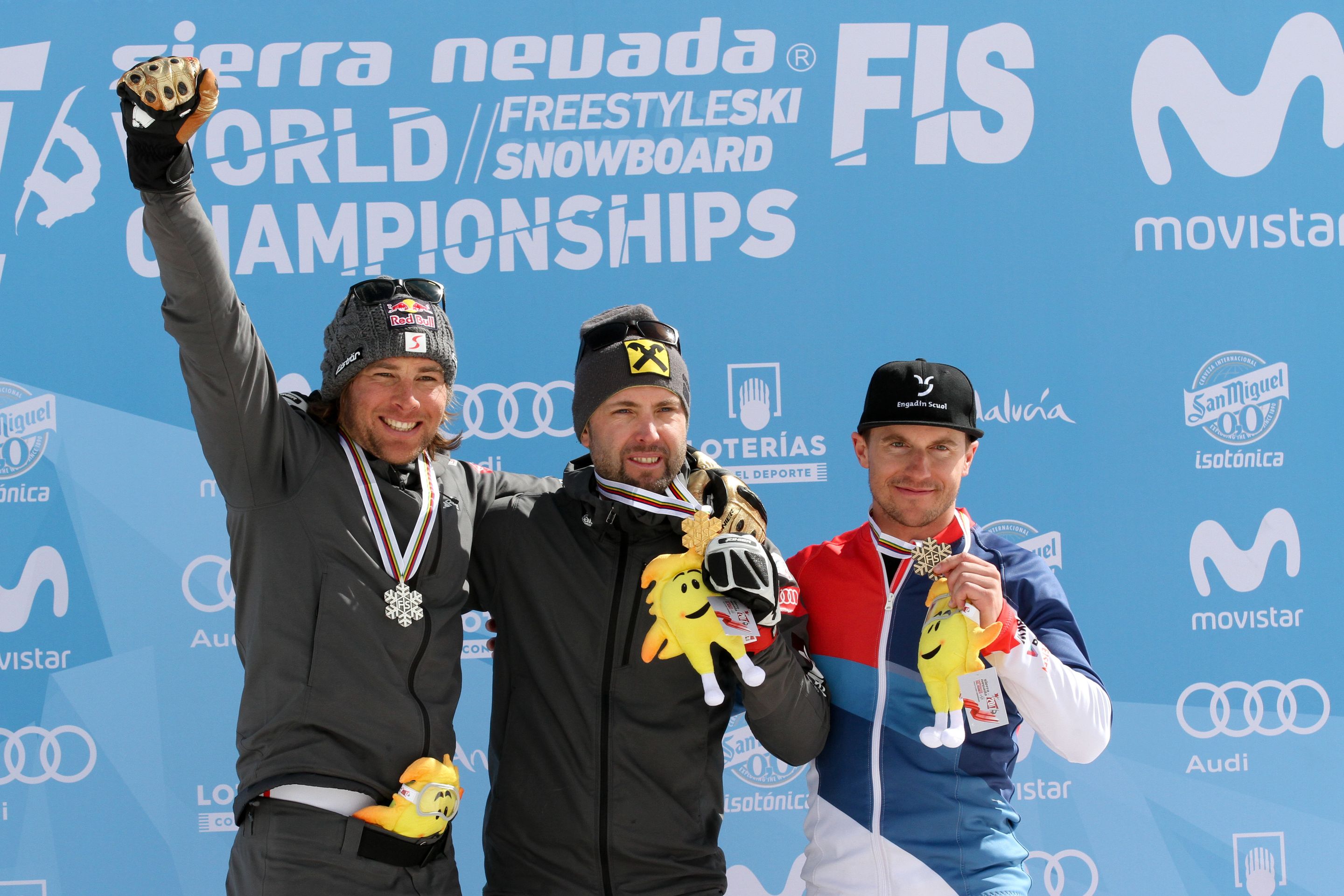 Men's Podium PGS Sierra Nevada 2017 FIS Snowboard World Championships - 2nd Benjamin Karl (AUT), 1st Andreas Prommegger (AUT), 3rd Nevin Galmarini (SUI)