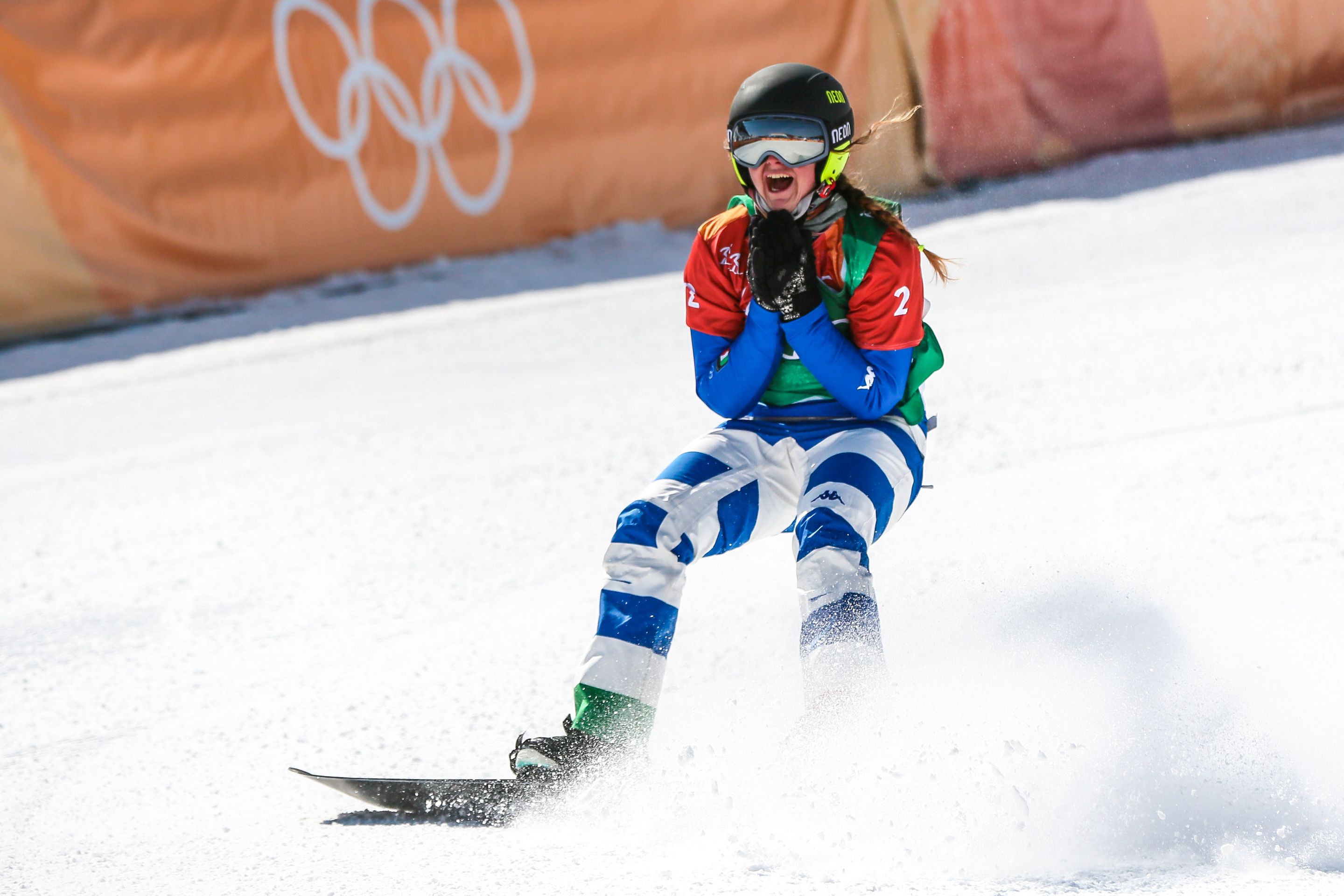 PYEONGCHANG-GUN, SOUTH KOREA - FEBRUARY 16: Michela Moioli of Italy takes 1st place during the Snowboarding Women's Snowboard Cross Finals at Pheonix Snow Park on February 16, 2018 in Pyeongchang-gun, South Korea. (Photo by Laurent Salino/Agence Zoom)