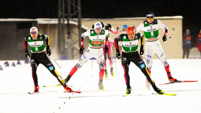 Johannes Rydzek (second right) won a sprint for second place in last Sunday's Compact in Otepää © FIS/ActionPress/NocoGirls