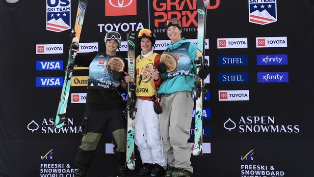 U.S. halfpipe skiers Nick Goepper, Alex Ferreira and Matthew Labaugh on the podium at the U.S. Grand Prix in Aspen. Photo: @fisparkandpipe