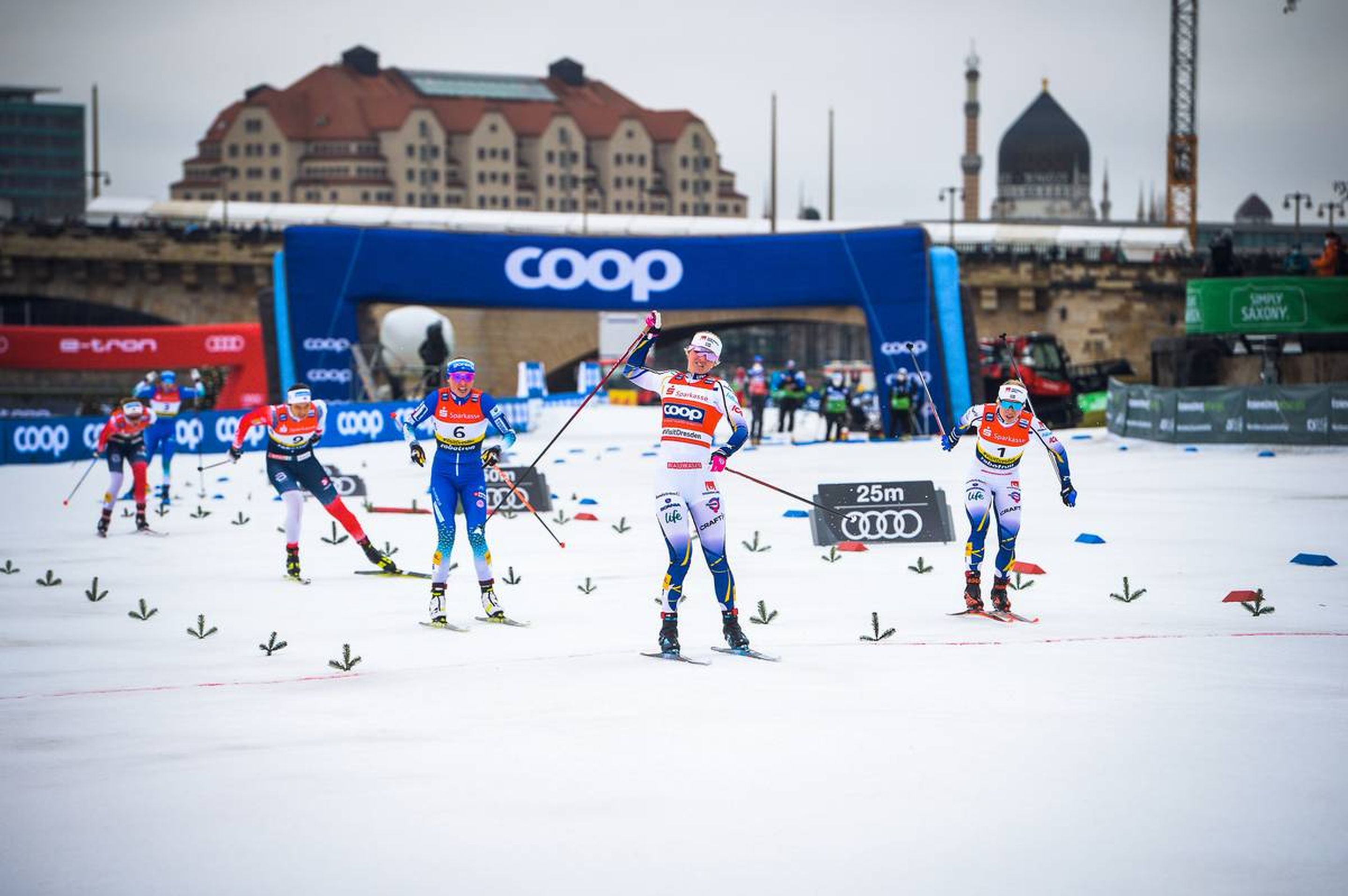 18.12.2021, Dresden, Germany (GER):
Kristine Stavaas Skistad (NOR), Anamarija Lampic (SLO), Maja Dahlqvist (SWE), Jonna Sundling (SWE), (l-r) - FIS world cup cross-country, individual sprint, Dresden (GER). www.nordicfocus.com. © Tumashov/NordicFocus. Every downloaded picture is fee-liable.