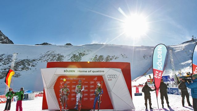 SOELDEN, AUSTRIA - OCTOBER 28: Tessa Worley of France takes 2nd place, Viktoria Rebensburg of Germany takes 1st place, Manuela Moelgg of Italy takes 3rd place during the Audi FIS Alpine Ski World Cup Women's Giant Slalom on October 28, 2017 in Soelden, Austria. (Photo by Alexis Boichard/Agence Zoom)