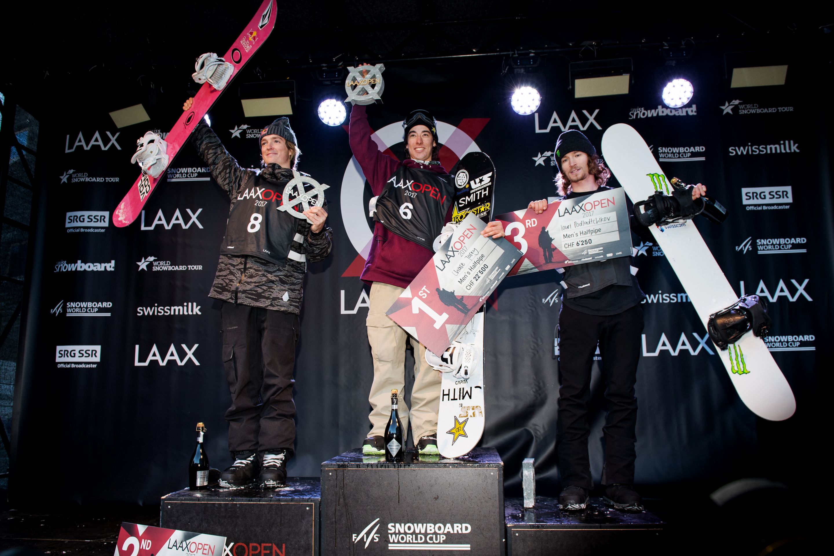 FIS Snowboard World Cup - Laax SUI - Halfpipe - Men's podium with 2nd JAMES Scotty AUS, 1st JOSEY Chase USA and 3rd PODLADTCHIKOV Iouri SUI © Miha Matavz/FIS