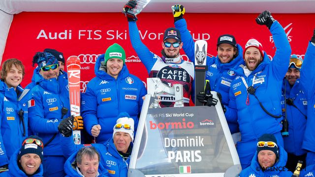 BORMIO, ITALY - DECEMBER 28: Dominik Paris of Italy takes 1st place and poses with Team Italian during the Audi FIS Alpine Ski World Cup Men's Downhill on December 28, 2017 in Bormio, Italy. (Photo by Christophe Pallot/Agence Zoom)
