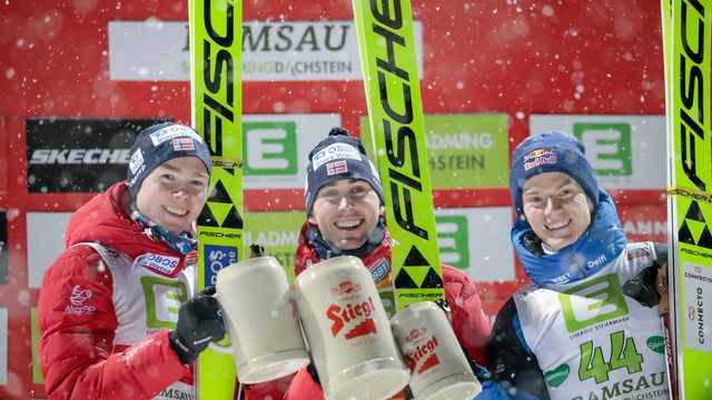 Jens Luraas Oftebro (left) and Kristjan Ilves (right) both reached the podium for the first time this season, alongside Jarl Magnus Riiber © Thibaut/NordicFocus