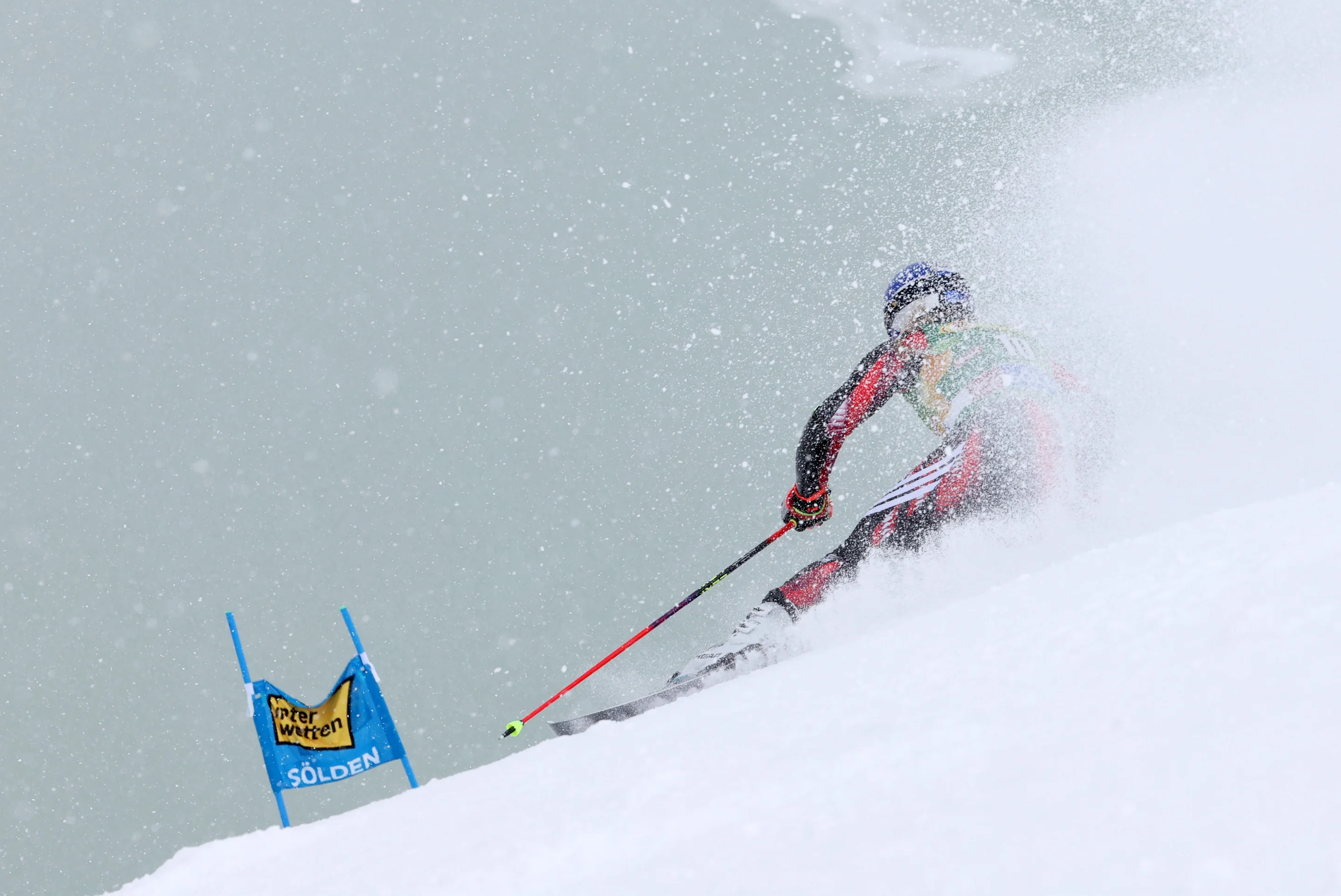 Lara Colturi (ALB/Head) fights against the mountain and the conditions in the second run on her way to second place in the season opener on Saturday. ©Christophe Pallot/AgenceZoom/FIS