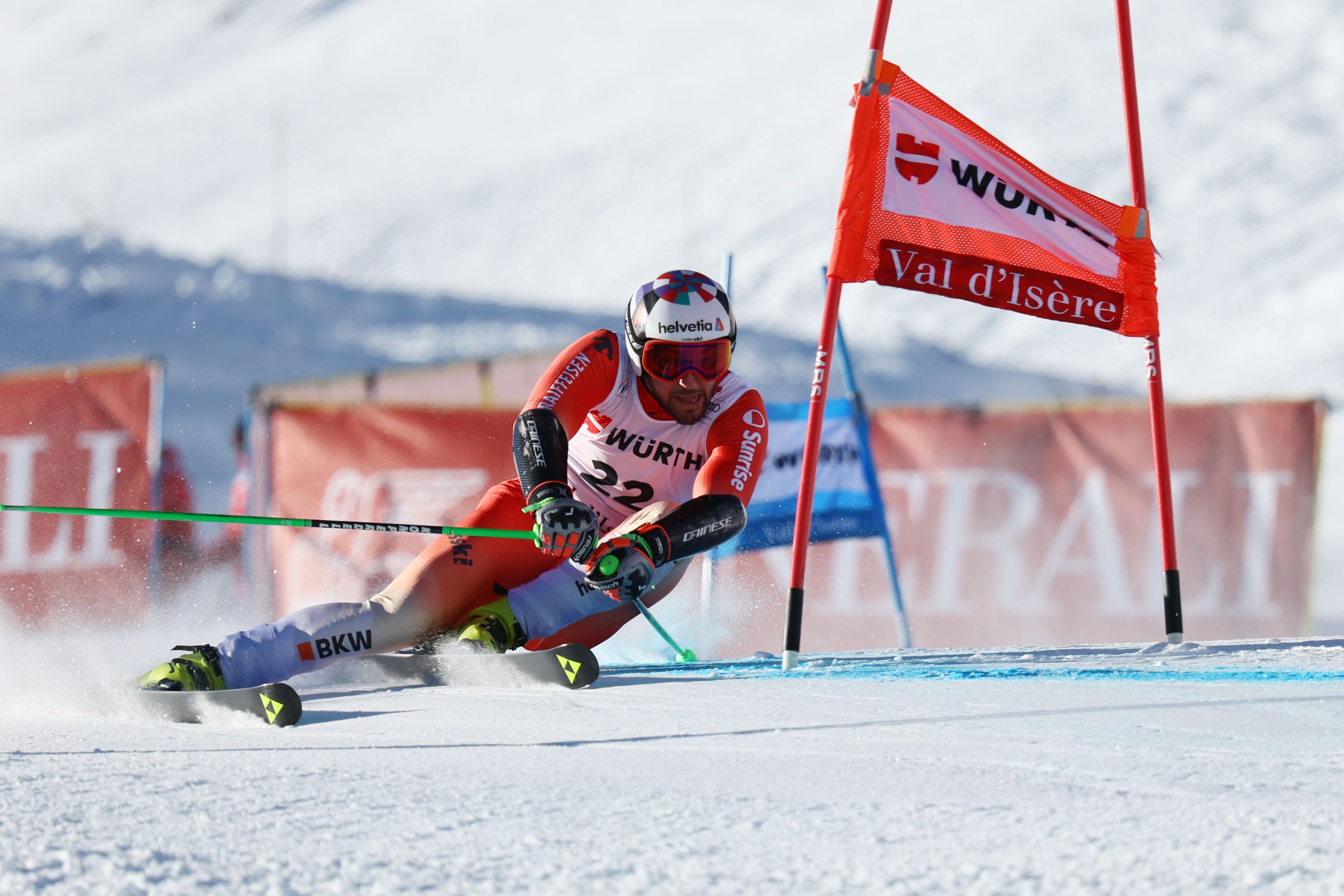 Starting with bib No.22, Luca Aerni (SUI/Fischer) moved up from 13th after the first run to 2nd for his first Giant Slalom podium. © FIS/ActionPress/Alessandro Annaloro