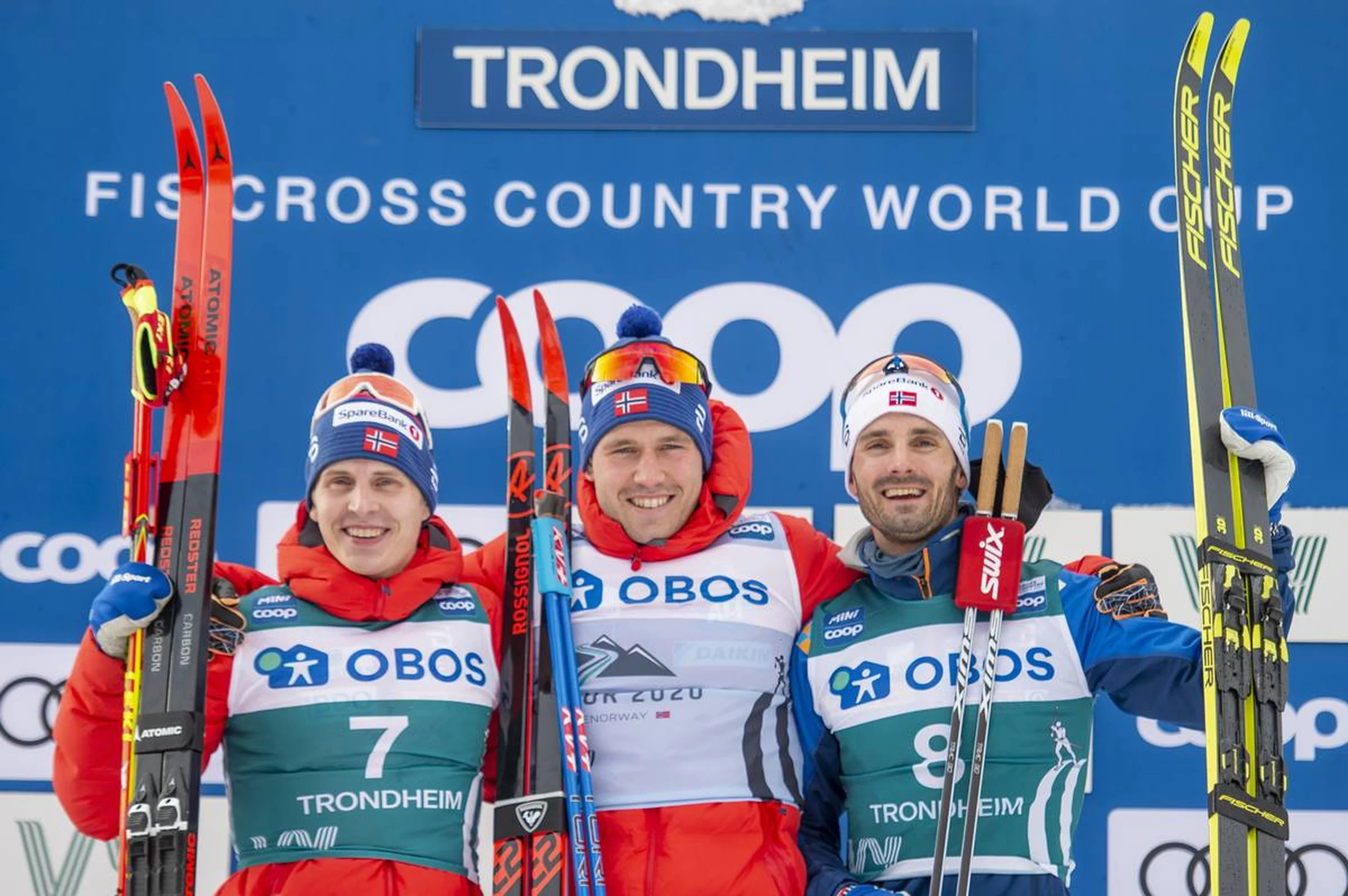 23.02.2020, Trondheim, Norway (NOR):Simen Hegstad Krueger (NOR), Alexander Bolshunov (RUS), Hans Christer Holund (NOR), (l-r) - FIS world cup cross-country, pursuit men, Trondheim (NOR). www.nordicfocus.com. © Thibaut/NordicFocus. Every downloaded picture is fee-liable.