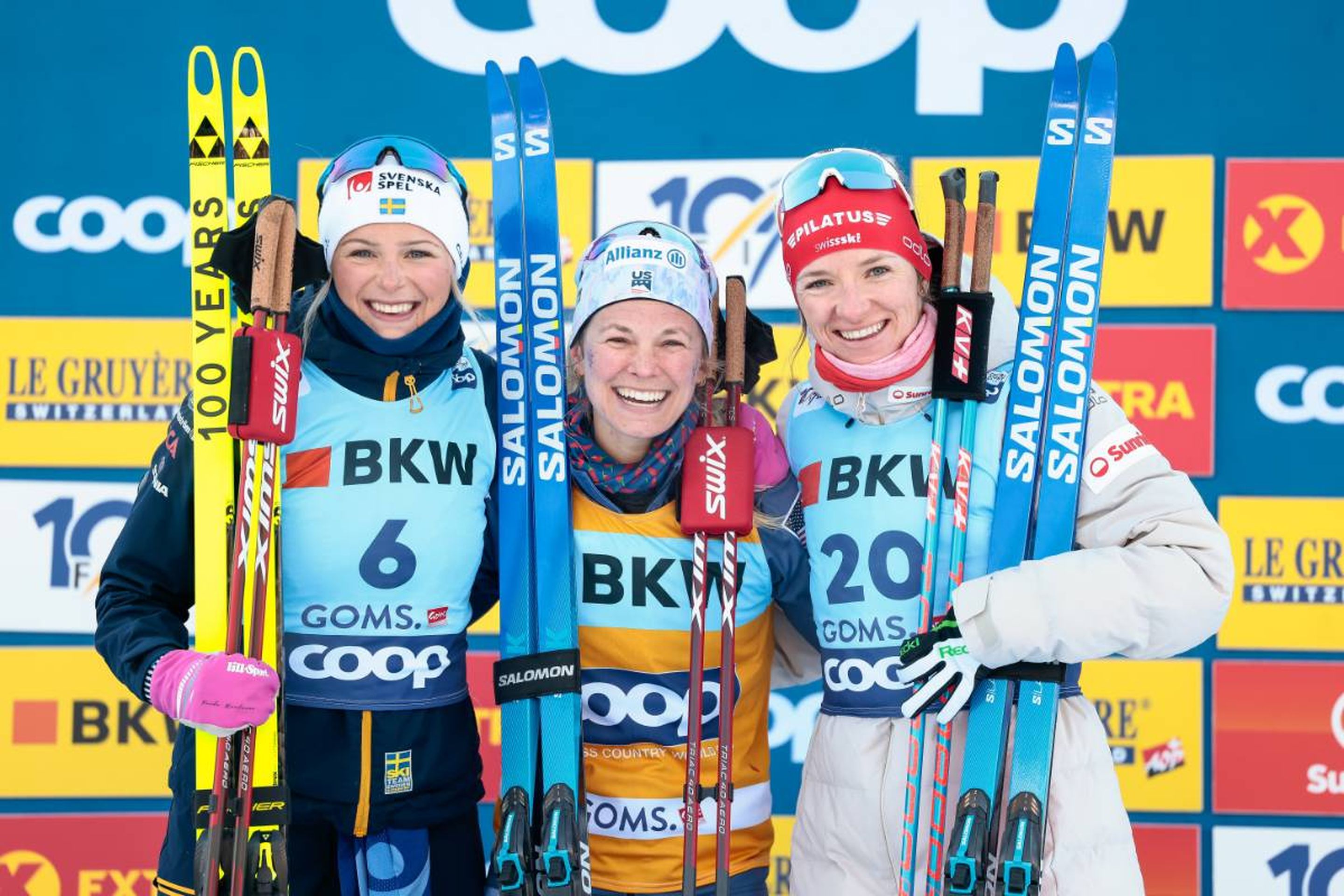 All smiles on the podium: Sweden's Frida Karlsson (left), USA's Jessie Diggins (centre) and Switzerland's Nadine Faehndrich (right) claimed the three top spots © NordicFocus