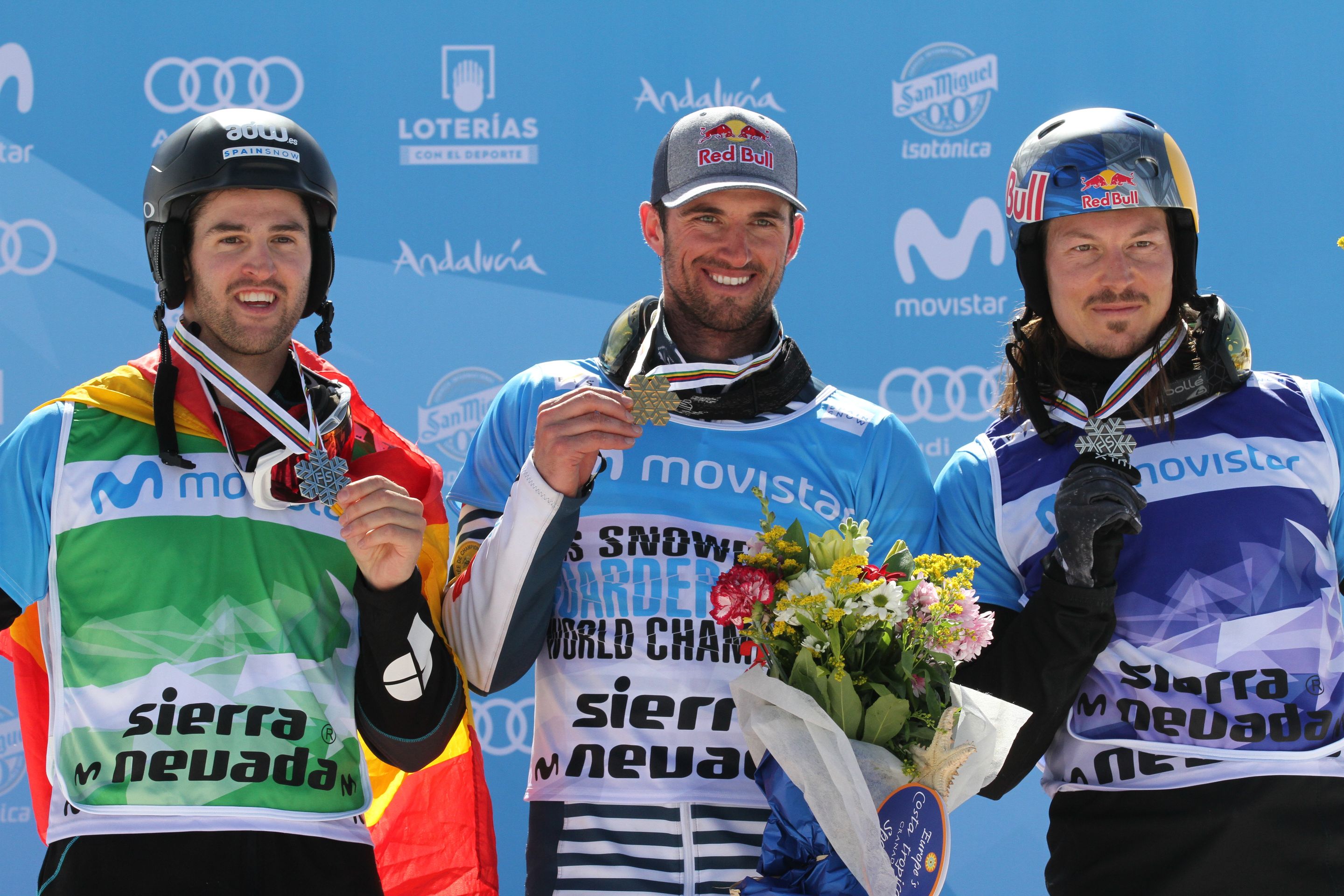 Lucas Equibar (ESP), Pierre Vaultier (FRA), Alex Pullin (AUS) at the Sierra Nevada 2017 world championships