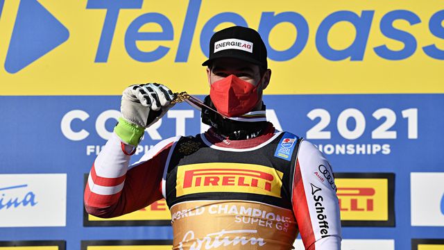 CORTINA D'AMPEZZO, ITALY - FEBRUARY 11: Vincent Kriechmayr of Austria wins the gold medal during the FIS Alpine Ski World Championships Men's Super Giant Slalom on February 11, 2021 in Cortina d'Ampezzo Italy. (Photo by Alain Grosclaude/Agence Zoom)