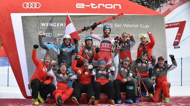 WENGEN, SWITZERLAND - JANUARY 18 : Marco Schwarz of Austria takes 1st place during the Audi FIS Alpine Ski World Cup Men's Alpine Combined on January 18, 2019 in Wengen Switzerland. (Photo by Alain Grosclaude/Agence Zoom)