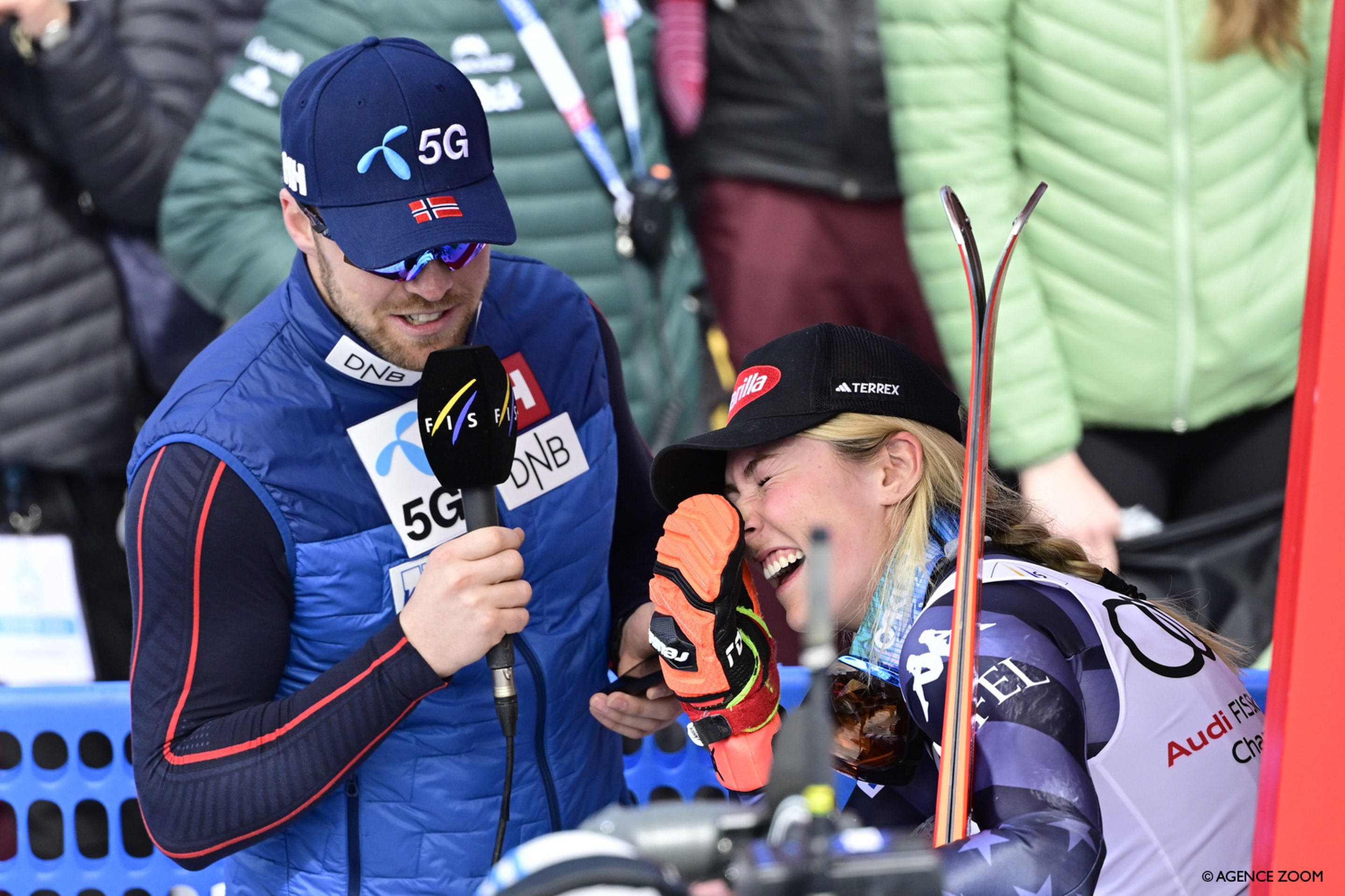 Shiffrin is interviewed by partner and skiing star Aleksander Aamodt Kilde after her record-setting win (Agence Zoom).