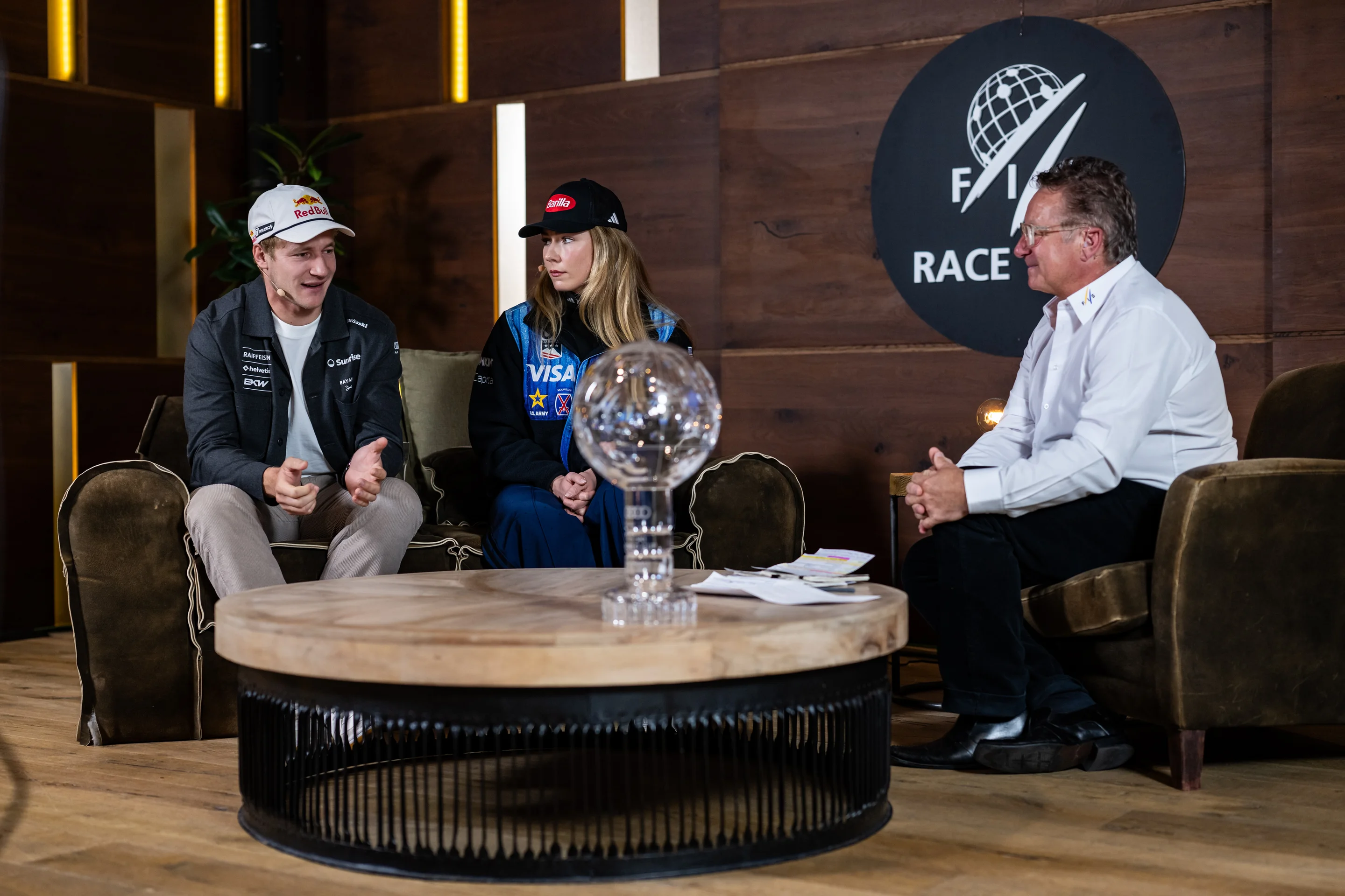 SOELDEN, AUSTRIA - OCTOBER 23: Marco Odermatt of Switzerland and Mikaela Shiffrin of United States and Fellows during the FIS Race Talk prior to the Audi FIS Ski World Cup on October 23, 2026 in Soelden, Austria. (Photo by Kevin Voigt/FIS)