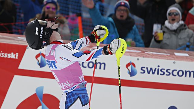 WENGEN, SWITZERLAND - JANUARY 20 : Clement Noel of France takes 1st place during the Audi FIS Alpine Ski World Cup Men's Slalom on January 20, 2019 in Wengen Switzerland. (Photo by Alexis Boichard/Agence Zoom)
