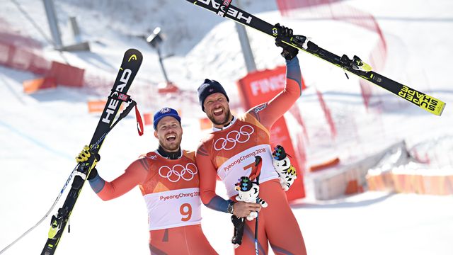 PYEONGCHANG-GUN, SOUTH KOREA - FEBRUARY 15:Kjetil Jansrud of Norway wins the silver medal, Aksel Lund Svindal of Norway wins the gold medal during the Alpine Skiing Men's Downhill at Jeongseon Alpine Centre on February 15, 2018 in Pyeongchang-gun, South Korea. (Photo by Michel Cottin/Agence Zoom)