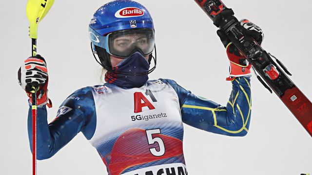 FLACHAU, AUSTRIA - JANUARY 12: Mikaela Shiffrin of USA takes 1st place during the Audi FIS Alpine Ski World Cup Women's Slalom on January 12, 2021 in Flachau Austria. (Photo by Christophe Pallot/Agence Zoom)