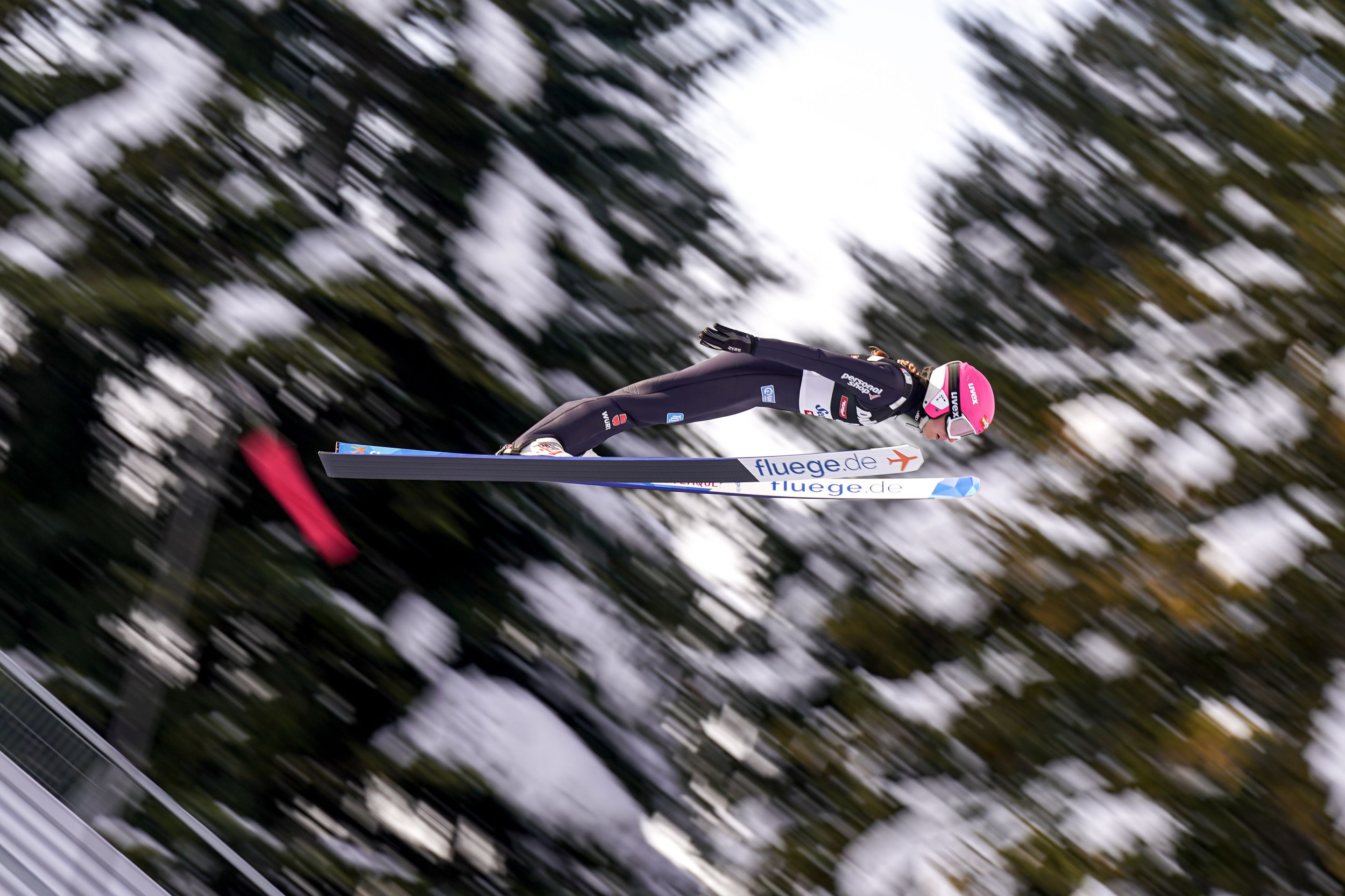 Nathalie Armbruster (GER) had the longest jump of the ski jumping phase at 104m. © Thibaut/NordicFocus