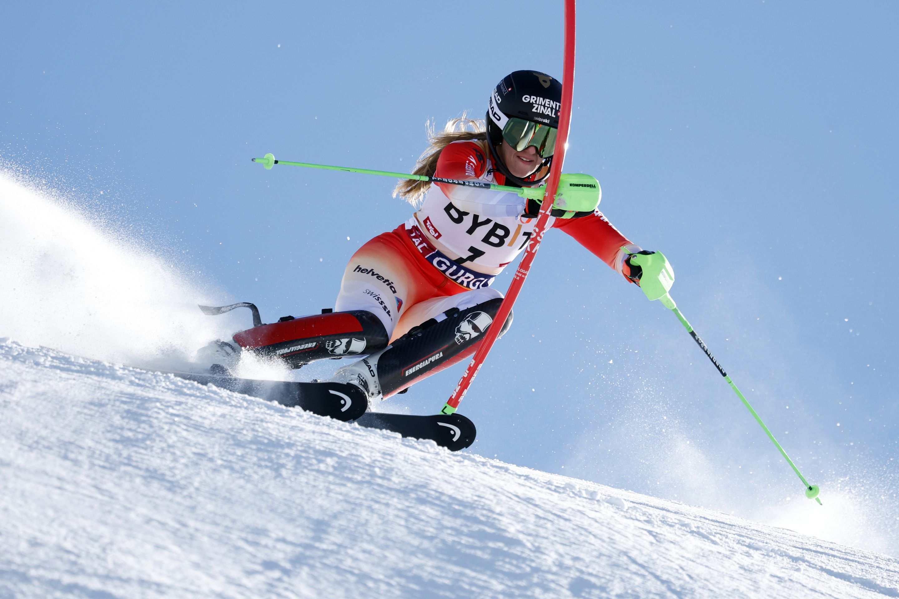 Camille Rast (SUI/Head) crashing through a gate during the Gurgl Slalom on Sunday. ©FIS/ActionPress/Simon Hausberger