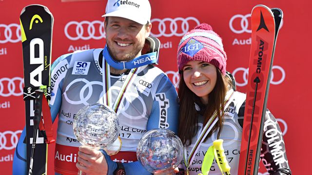 ASPEN, USA - MARCH 16: Kjetil Jansrud of Norway wins the globe in the overall standings, Tina Weirather of Liechtenstein wins the globe in the overall standings during the Audi FIS Alpine Ski World Cup Finals Women's and Men's Super-G on March 16, 2017 in Aspen, USA (Photo by Francis Bompard/Agence Zoom)