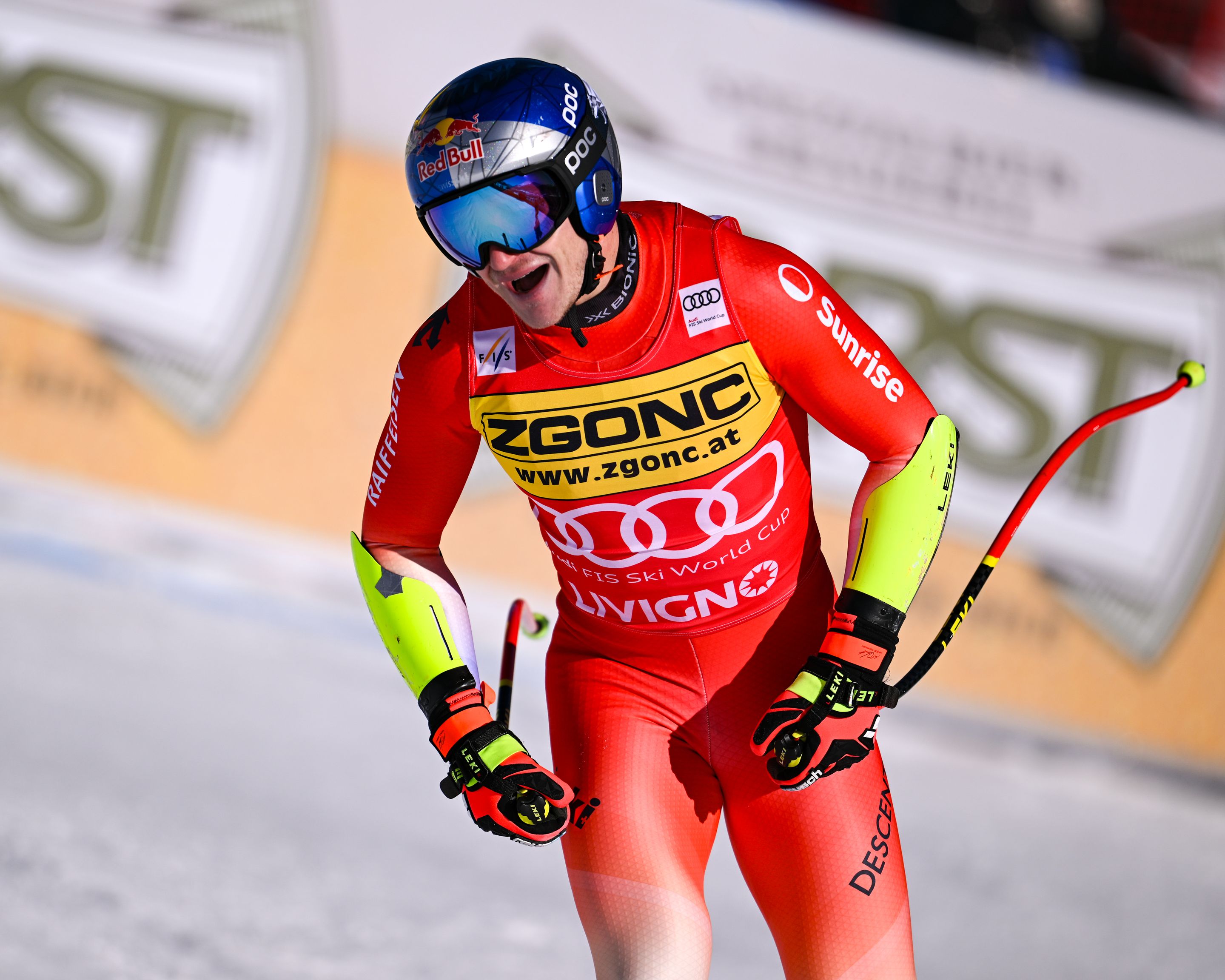 Marco Odermatt (SUI/Stöckli) shows his frustration after missing the podium on a course that should have suited him. ©FIS/ActionPress/Pierre Teyssot