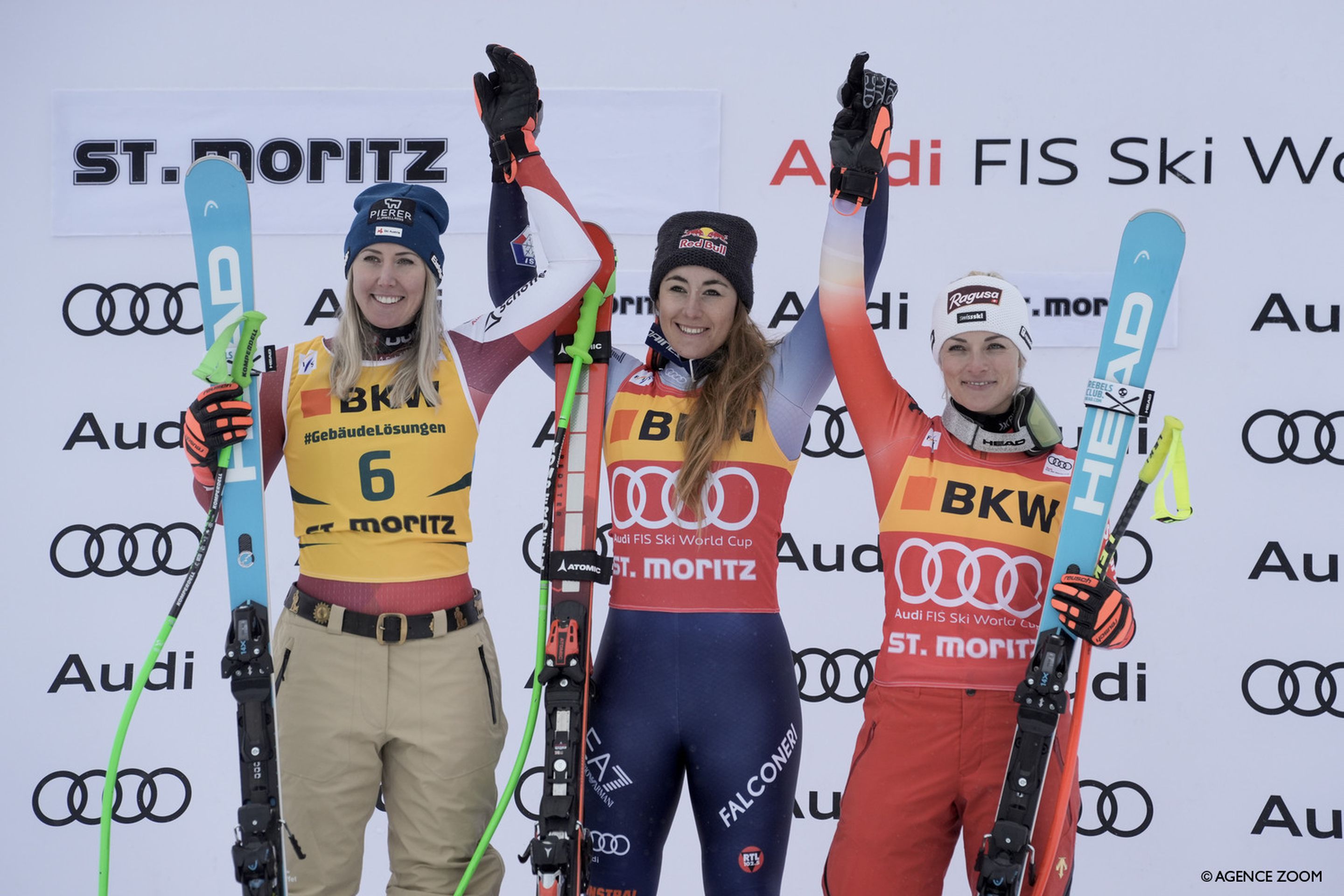 Friday's podium of Cornelia Huetter (AUT), Sofia Goggia (ITA) and Lara Gut-Behrami (SUI) (Agence Zoom)