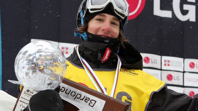 Big Air-Slopestyle World Cup title winner Clemens Schattschneider (AUT) presenting the Crystal Globe after a slopestyle World Cup competition in Bardonecchia, Italy