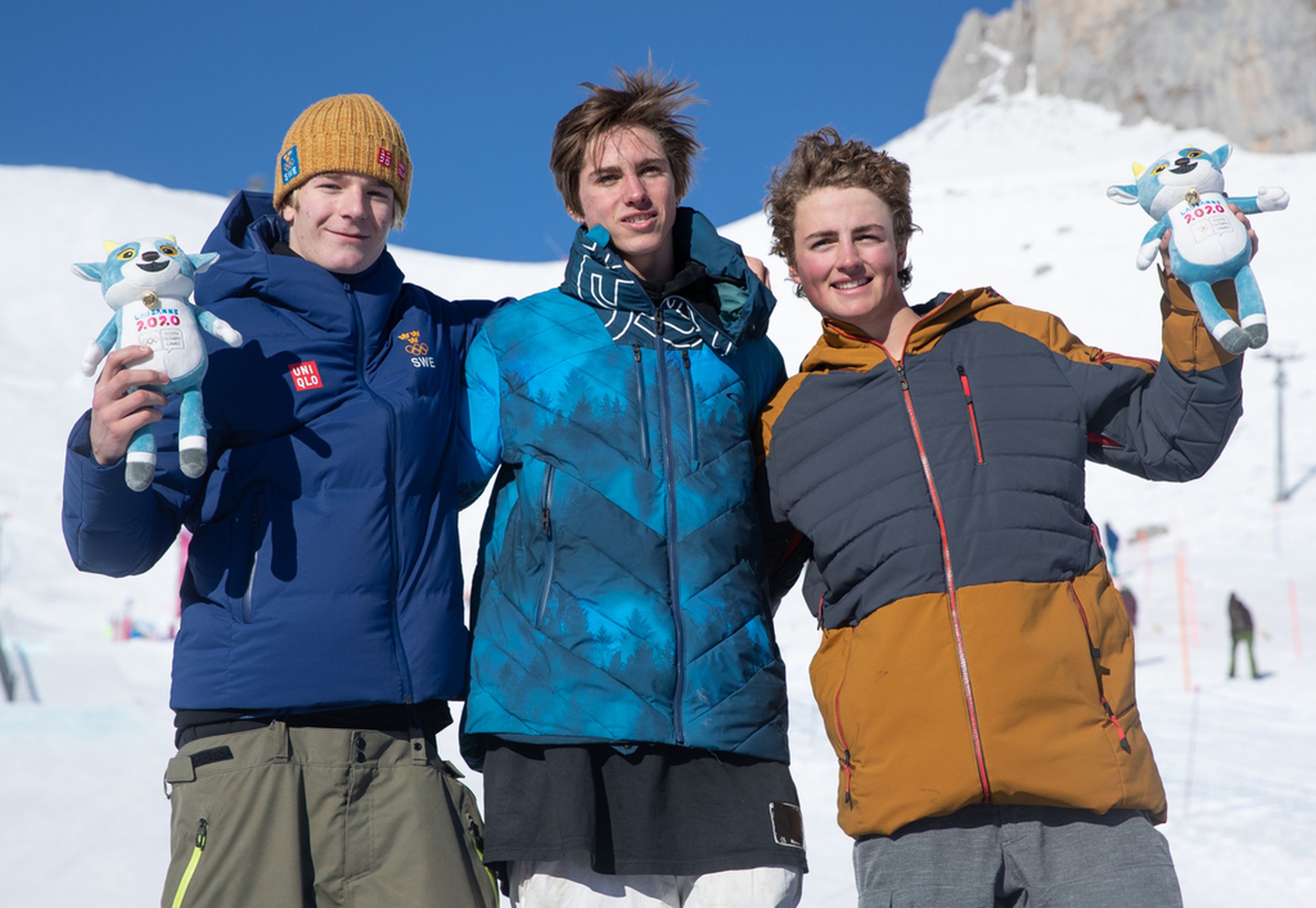 Men's slopestyle podium: 2nd Melvin Moren (SWE), 1st Kiernan Fagan (USA), 3rd Hunter Henderson (USA) ©OIS